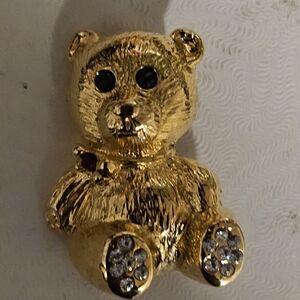 Gold Teddy Bear Brooch with Gem Accents